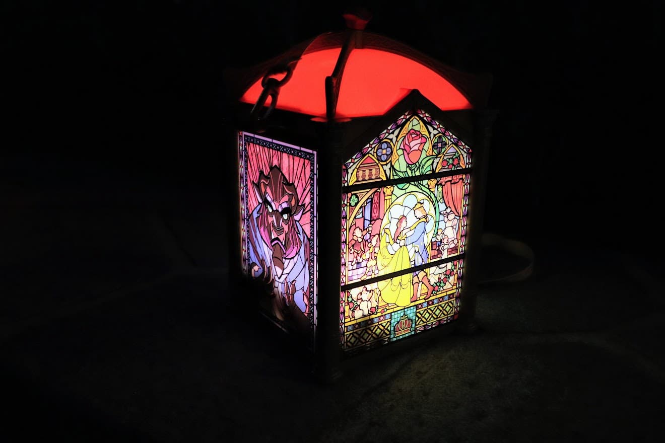 Beauty and the Beast Popcorn Bucket with light on at night