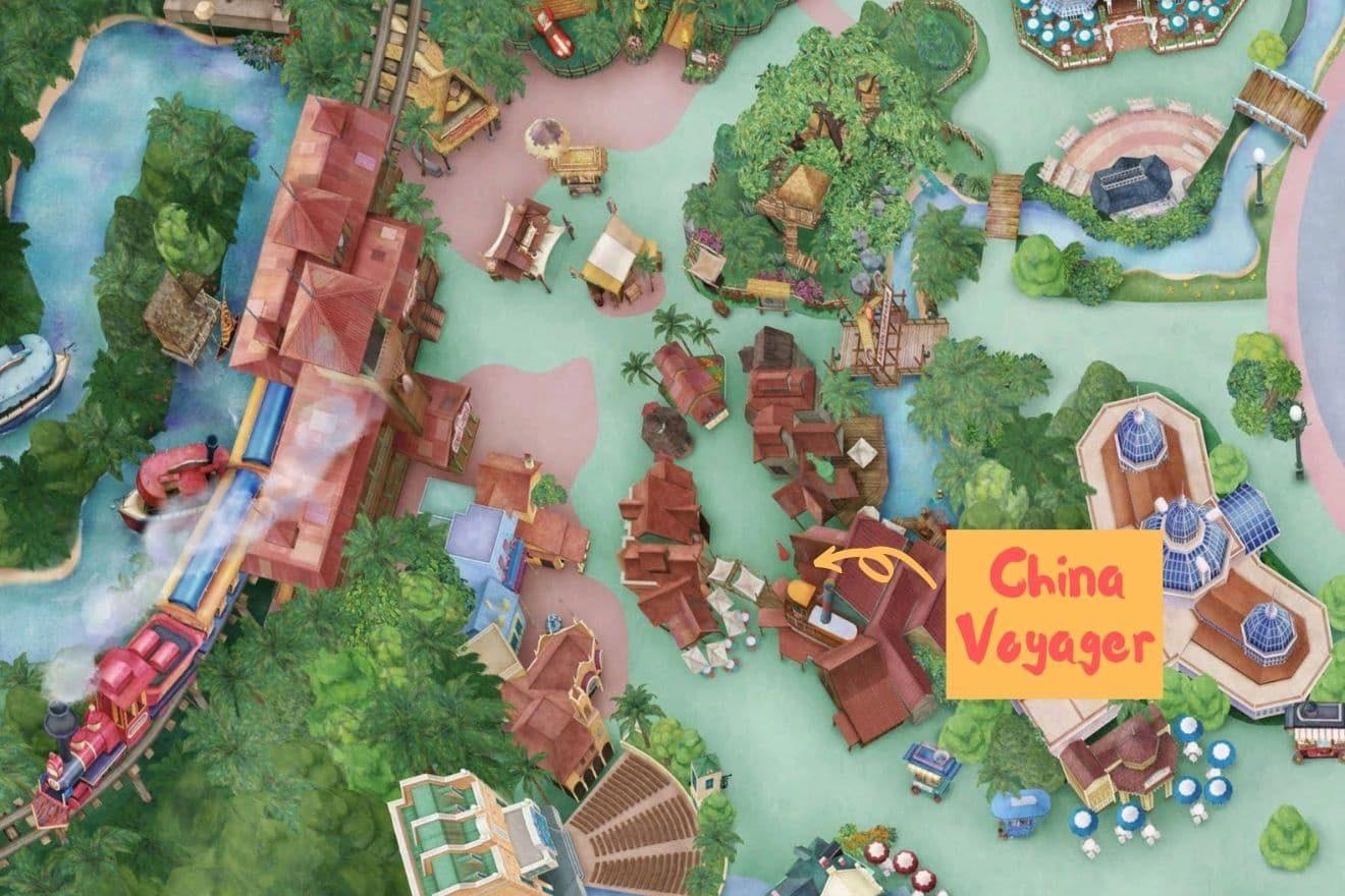 Map of Adventureland in Tokyo Disneyland, dipicting the location of China Voyager
