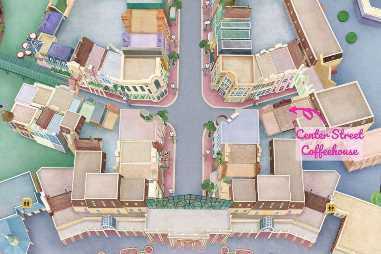 Map of world Bazaar in Tokyo Disneyland, depicting the location of Center Street Cofeehouse