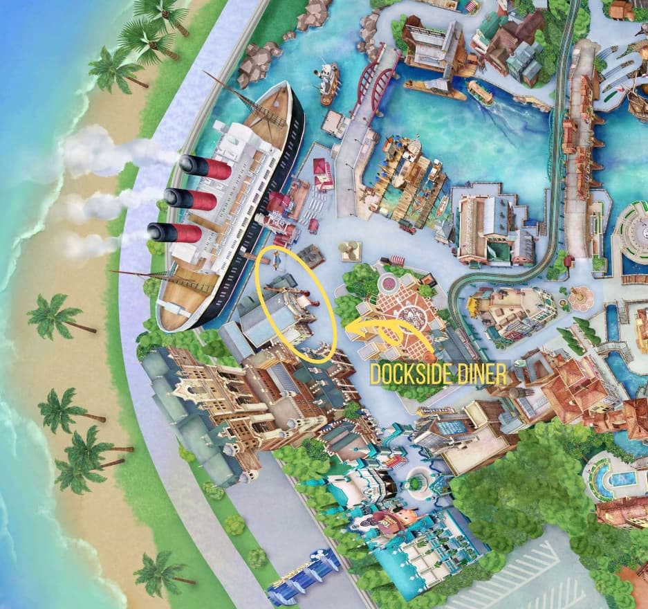 Map of the American Waterfront area of Tokyo DIsney Sea, depicting the location of Docside Diner