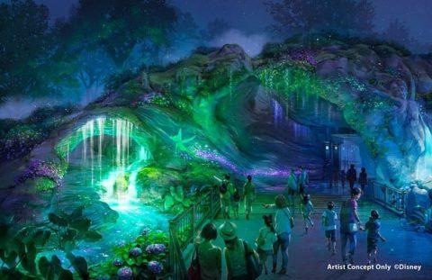 Night version of the concept art of the entrance to the Neverland area of Fantasy Springs
