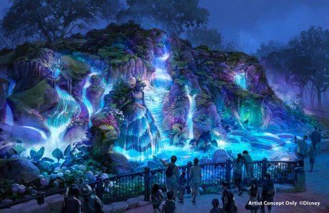 Night version of the concept art of a waterfall in Fantasy Springs