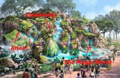Disney Charcters hiddie in the concept art of the fountain at Fantasy springs, planned in Tokyo DIsney Sea