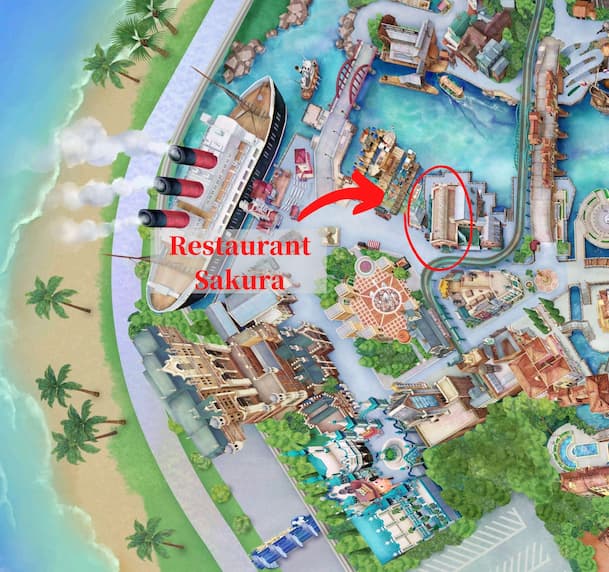 Map of the American Waterfront area of Tokyo DIsney Sea, depicting the location of Restaurant Sakura