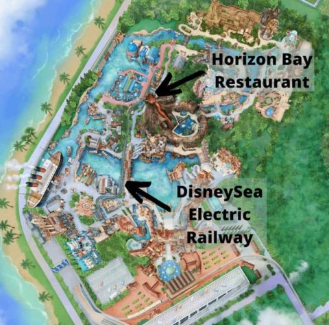 Location of Horizon Bay Restaurant and Electric Railway, Tokyo DisneySea
